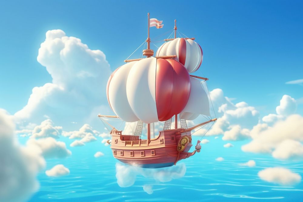Cute junk ship flying in the sky fantasy background sailboat vehicle transportation.