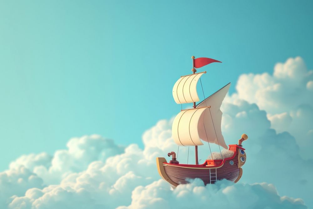 Cute junk ship flying in the sky fantasy background sailboat outdoors vehicle.