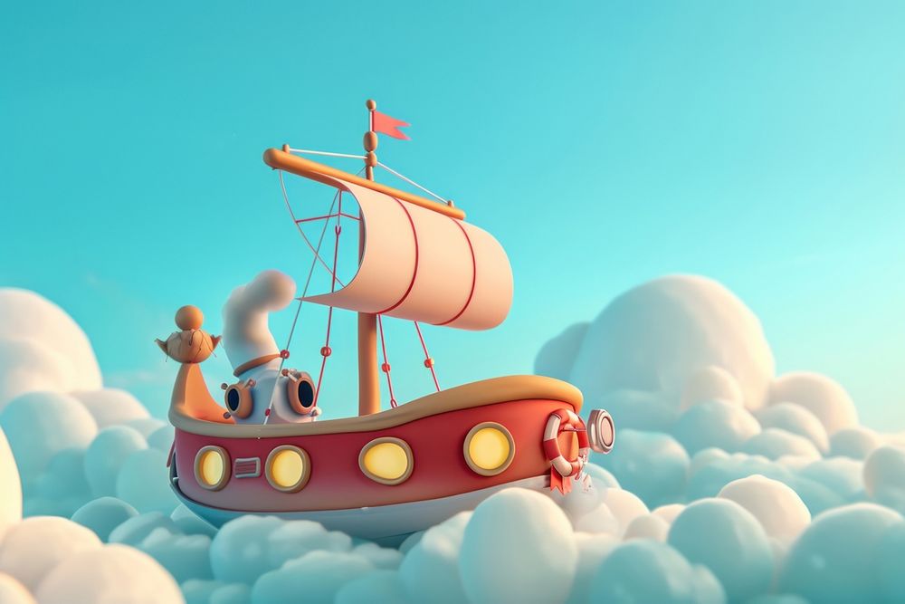 Cute junk ship flying in the sky fantasy background cartoon watercraft outdoors.