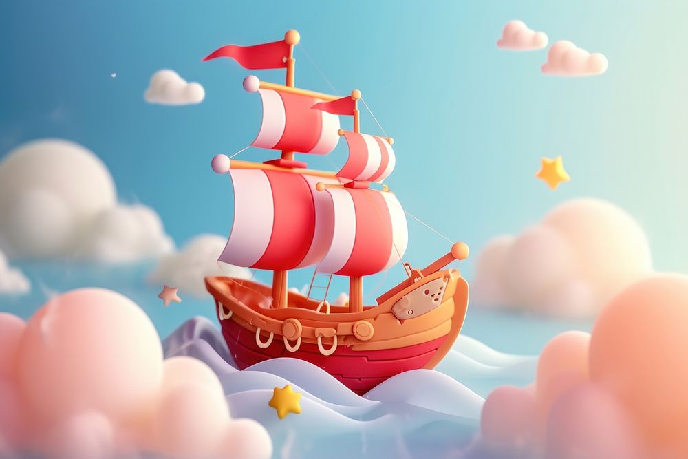 Cute junk ship flying in the sky fantasy background watercraft sailboat vehicle.