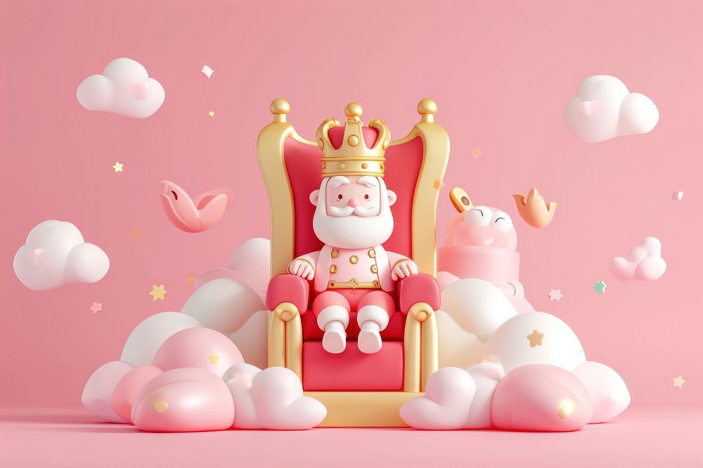 Cute magic king sitting on throne fantasy background cartoon representation celebration.