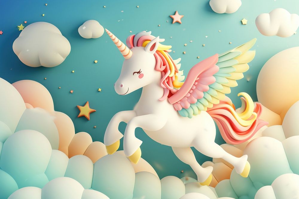 Cute pegasus flying in the sky fantasy background cartoon animal representation.