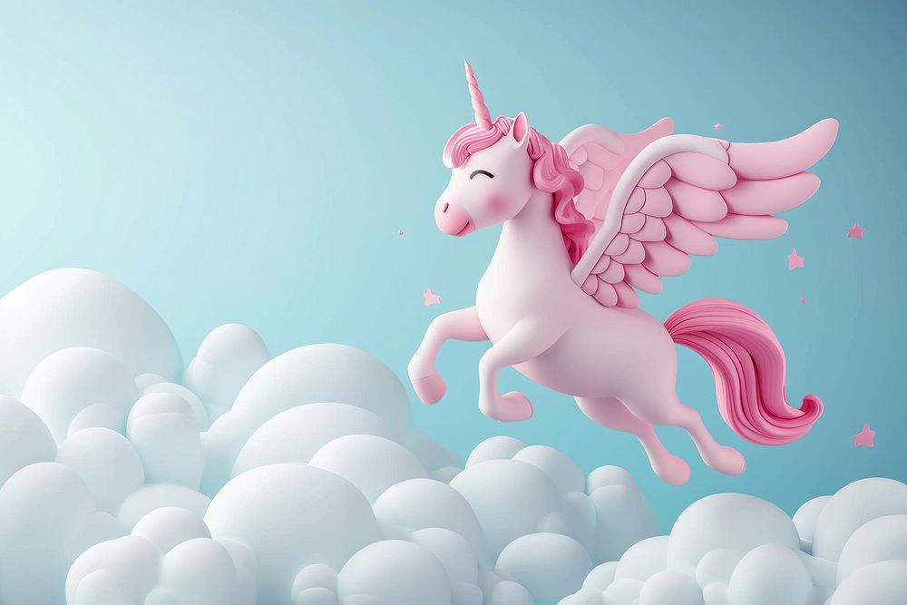 Cute pegasus flying in the sky fantasy background cartoon animal mammal.