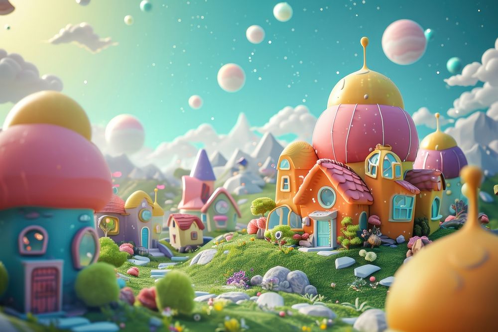 Cute sci-fi village fantasy background outdoors cartoon confectionery.