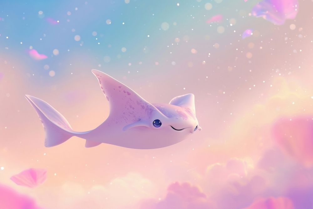 Cute stingray flying in the pastel sky fantasy background cartoon outdoors nature.