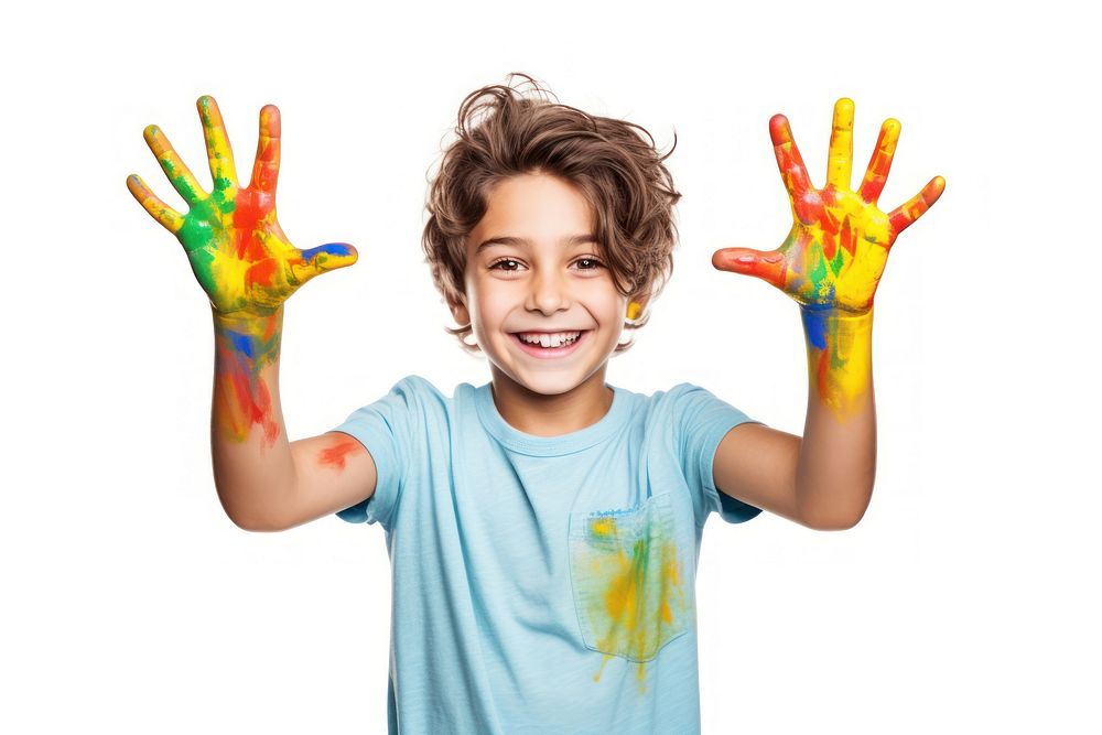 Happy boy show hands painted portrait finger child. AI generated Image by rawpixel.