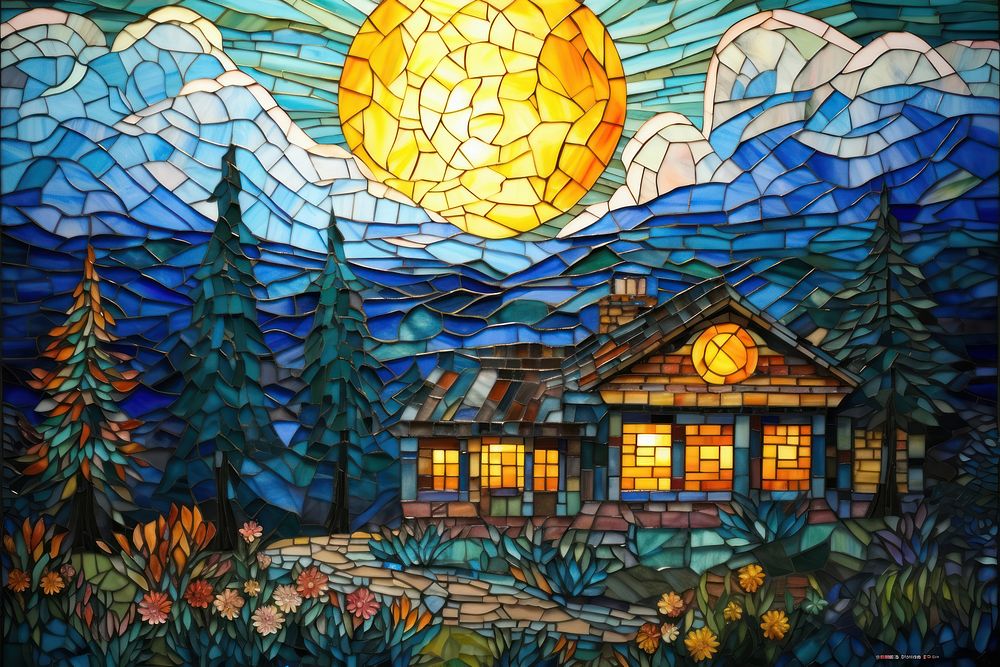 A house with landscape background art mosaic glass.
