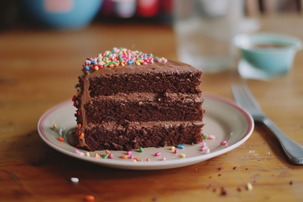 Chocolate cake birthday dessert plate.