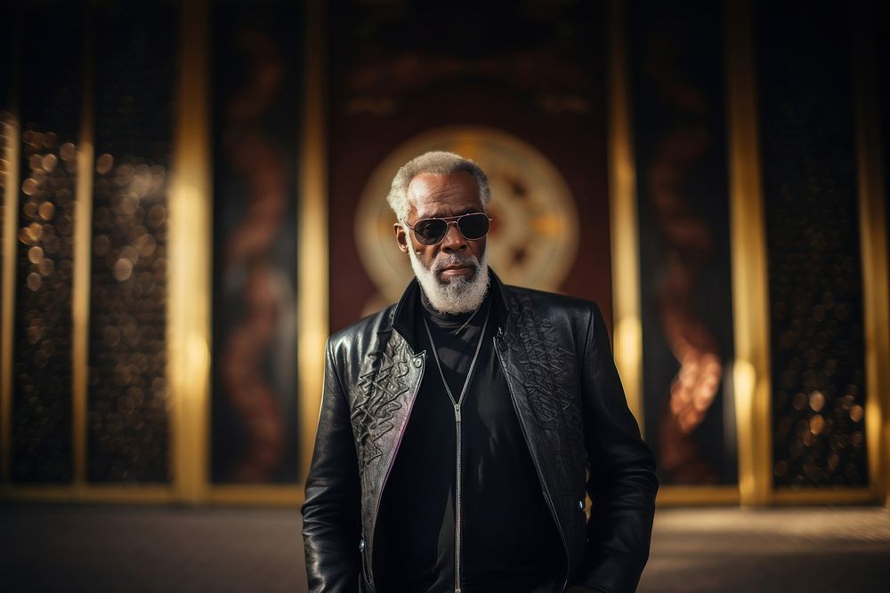 A black male elder with cool pose portrait sunglasses jacket. AI generated Image by rawpixel.