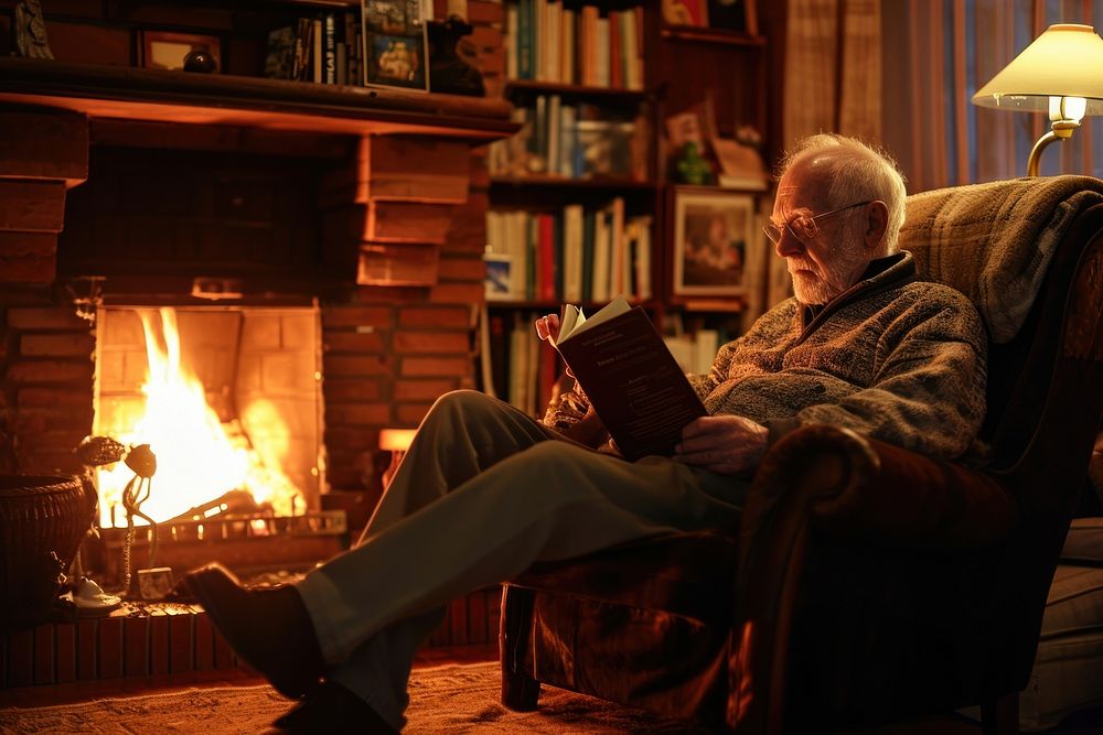 Retired elderly gentleman reading a book on a cozy armchair by a fireplace furniture sitting adult. AI generated Image by…
