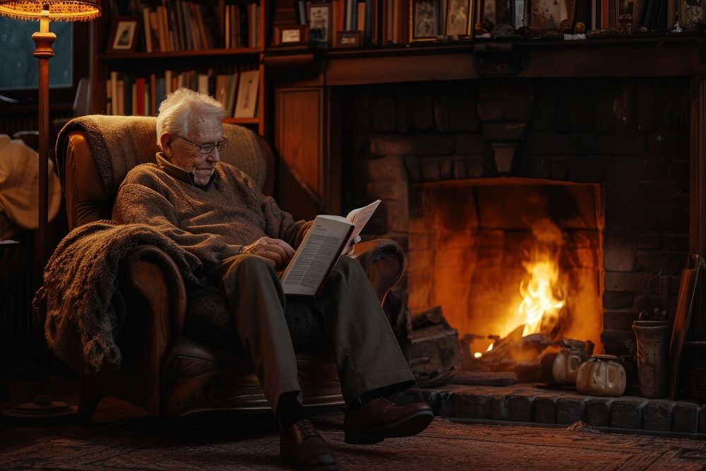Retired elderly gentleman reading a book on a cozy armchair by a fireplace furniture sitting adult. 