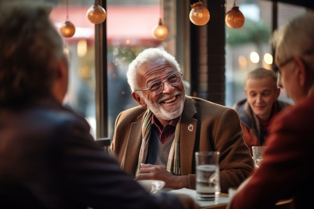 Senior gentleman engaged in a lively conversation with friends at a local cafe laughing adult togetherness. AI generated…
