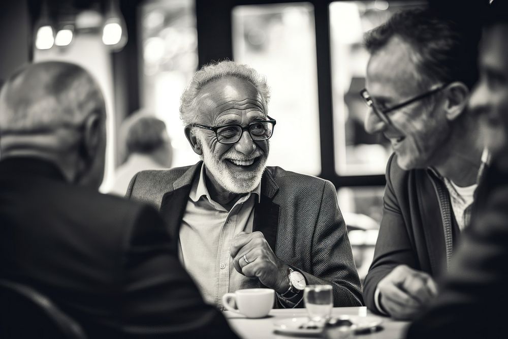 Senior gentleman engaged in a lively conversation with friends at a local cafe restaurant portrait glasses. AI generated…