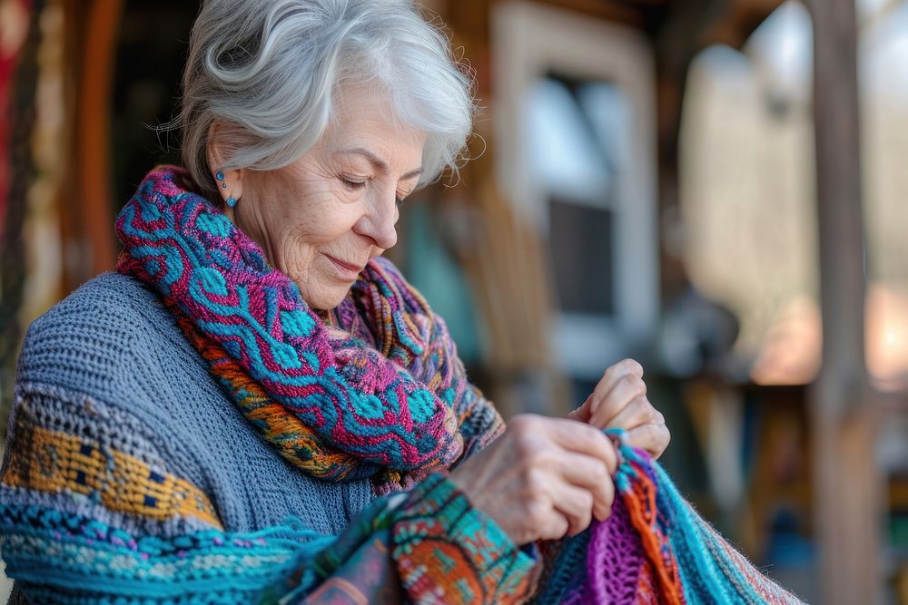 Senior woman skillfully knitting a vibrant scarf day relaxation retirement. AI generated Image by rawpixel.
