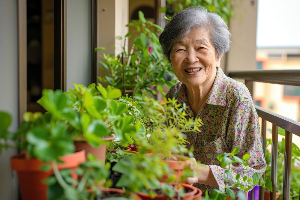 Asian older woman smiling warmly while tending to her potted plants on a sunny balcony cheerful outdoors smile. AI generated…