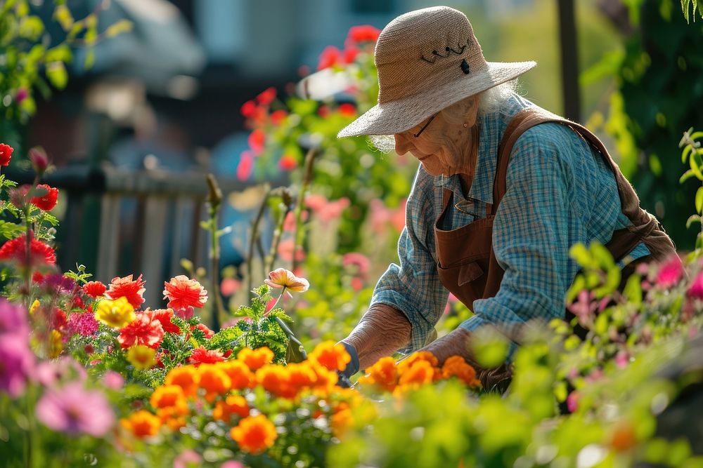 Elderly woman tending to her vibrant garden gardening nature outdoors. AI generated Image by rawpixel.