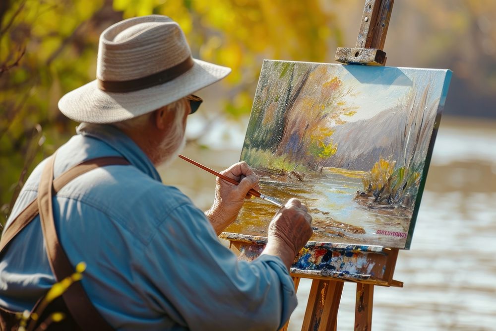 Elderly artist painting a scenic landscape creativity canvas brush. 