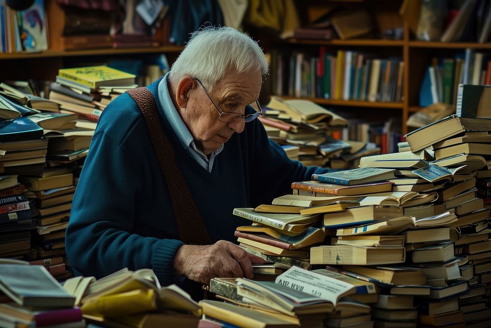 Elderly gentleman browsing through a pile of books at a local library publication literature reading. AI generated Image by…