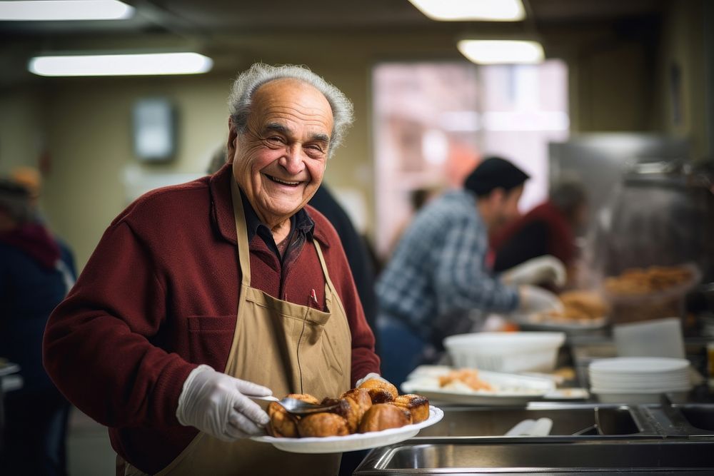 Elderly man volunteering at a shelter food adult restaurant. AI generated Image by rawpixel.