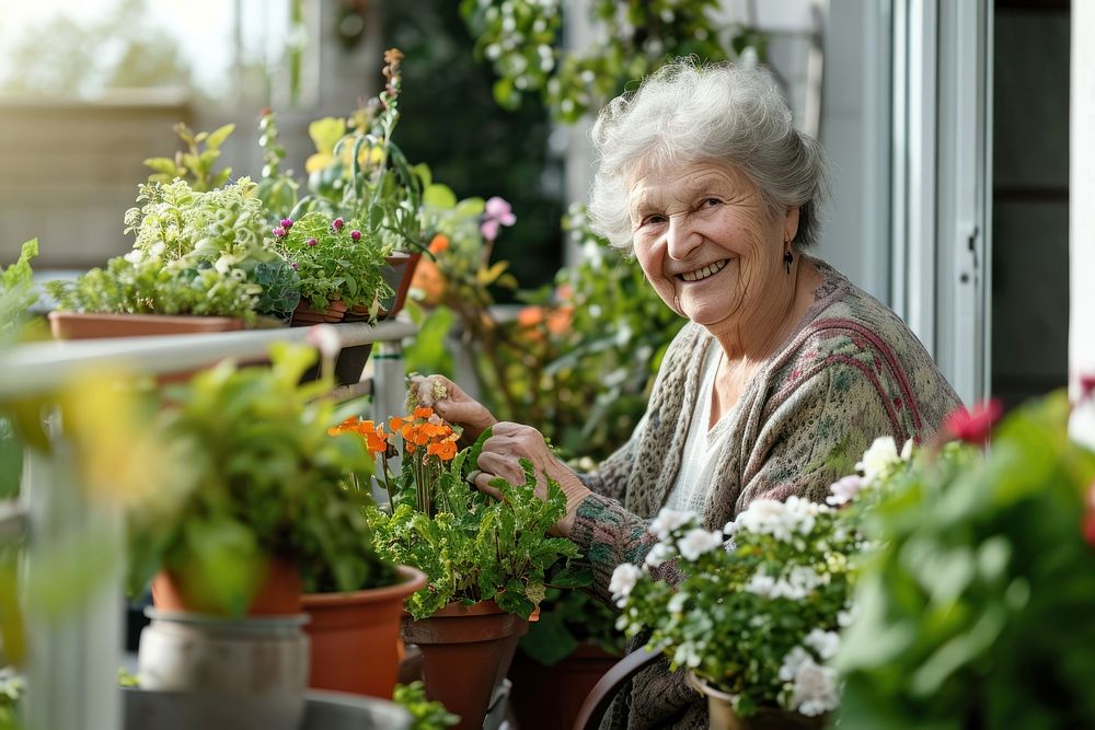 Older woman smiling warmly while tending to her potted plants on a sunny balcony gardening cheerful outdoors. 