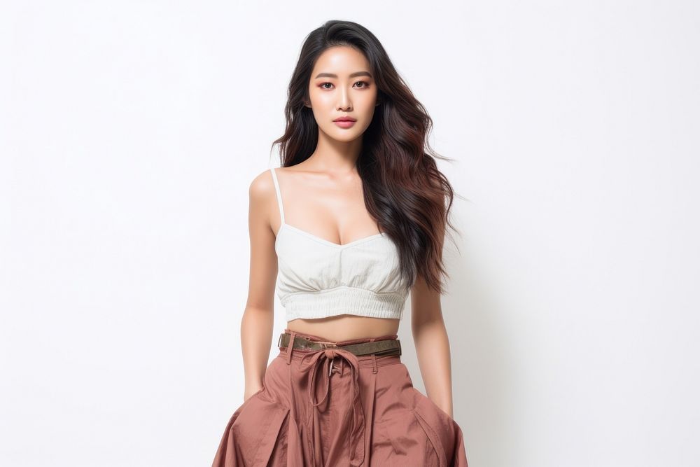 Asian model wearing fashion clothes portrait blouse dress.