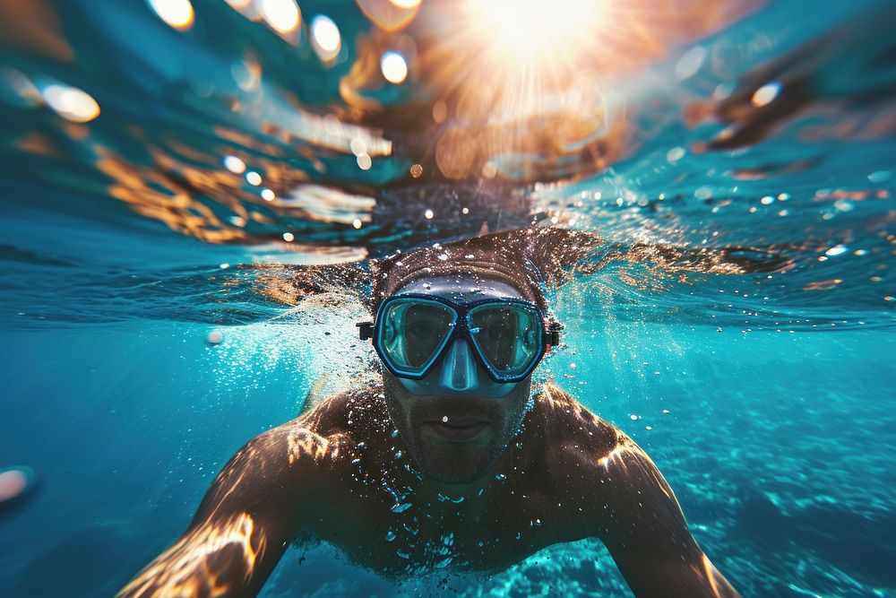 Atractive happy Latino man swimming with goggles in the sea underwater recreation outdoors. AI generated Image by rawpixel.