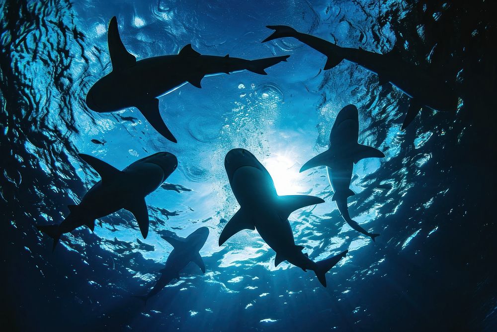 Bottom view underwater photo of sharks animal outdoors aquatic.