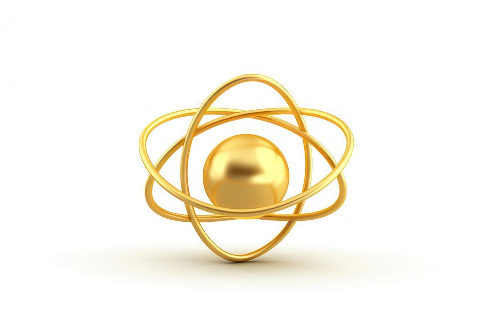 Atom icon gold shiny white background.