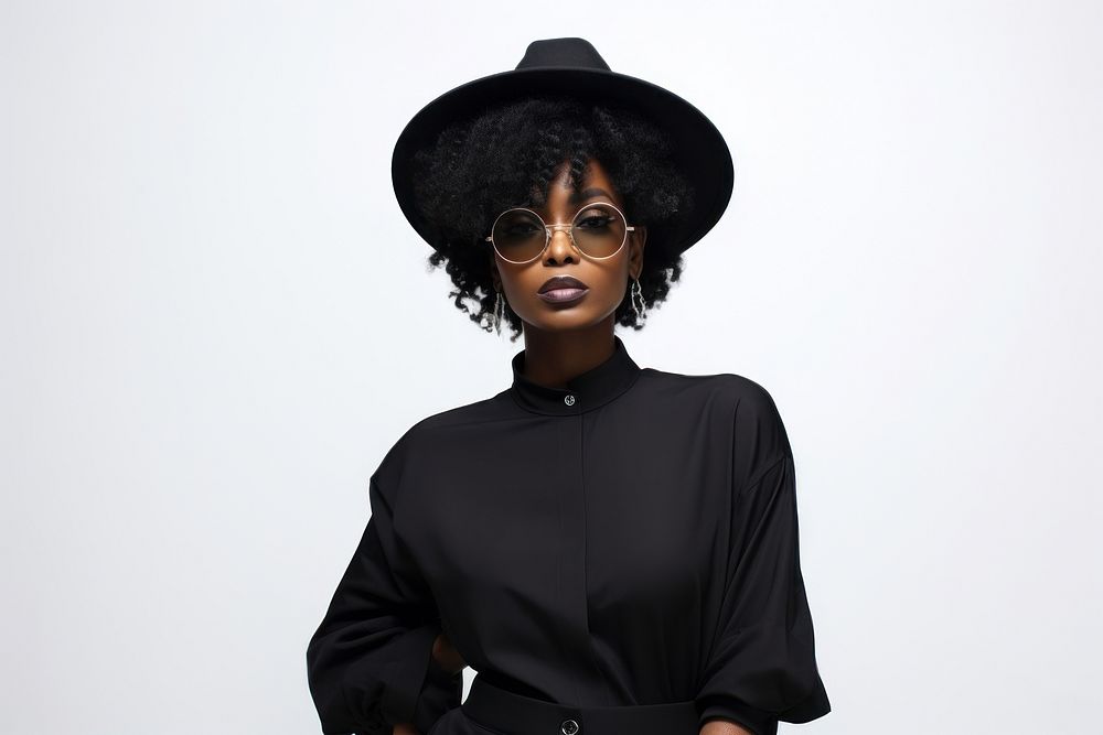 Black model wearing fashionable clothes portrait adult white background.