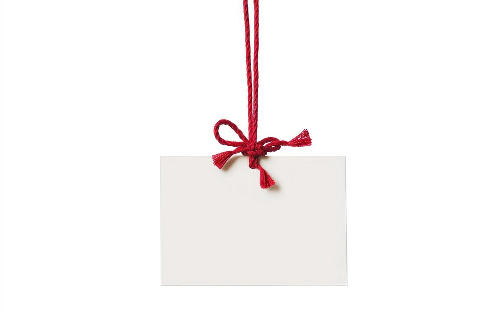 Blank gift card hanging with minimal red rope and tie a knot like bow on card white background celebration decoration.