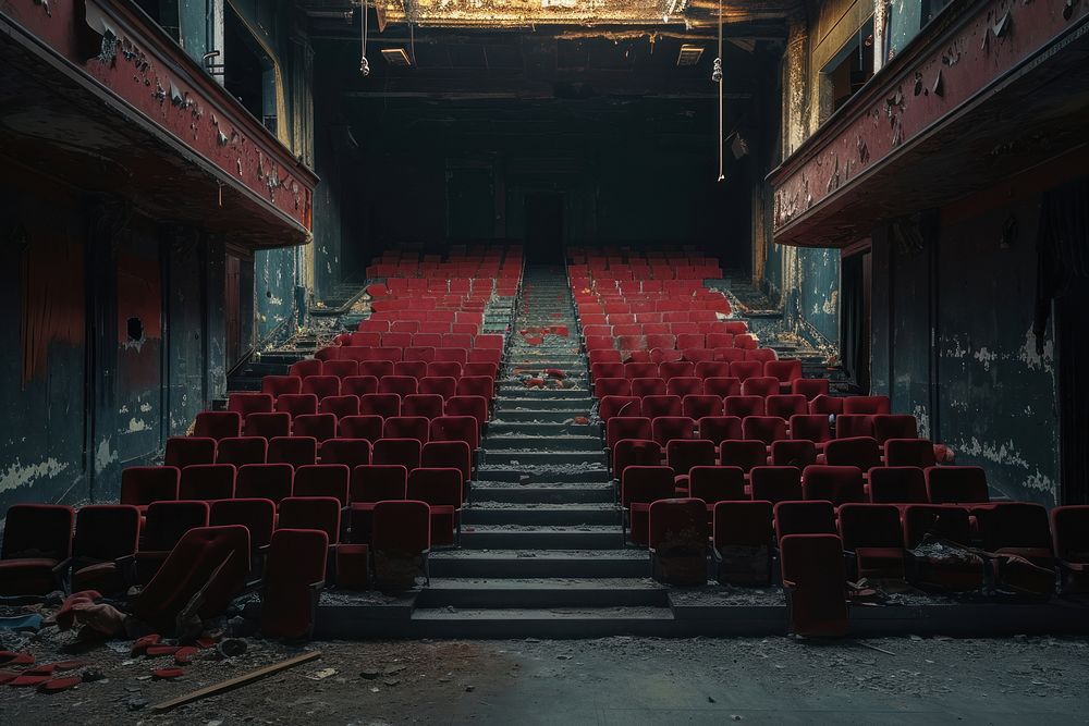 Empty scene of cinema auditorium chair old.