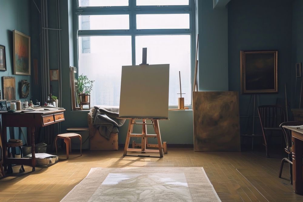 Empty scene of artist studio flooring painting canvas.