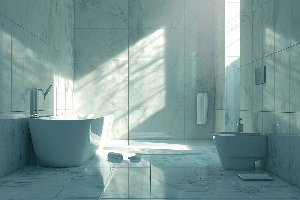 Empty scene of bathroom flooring bathtub shower.