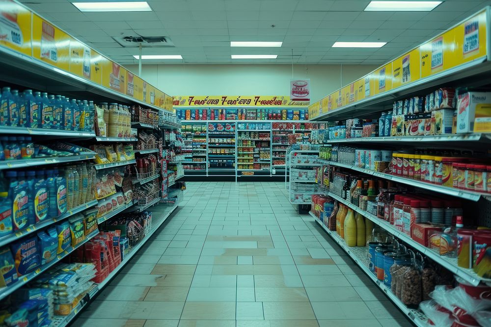 Empty scene of grocery store supermarket aisle architecture.