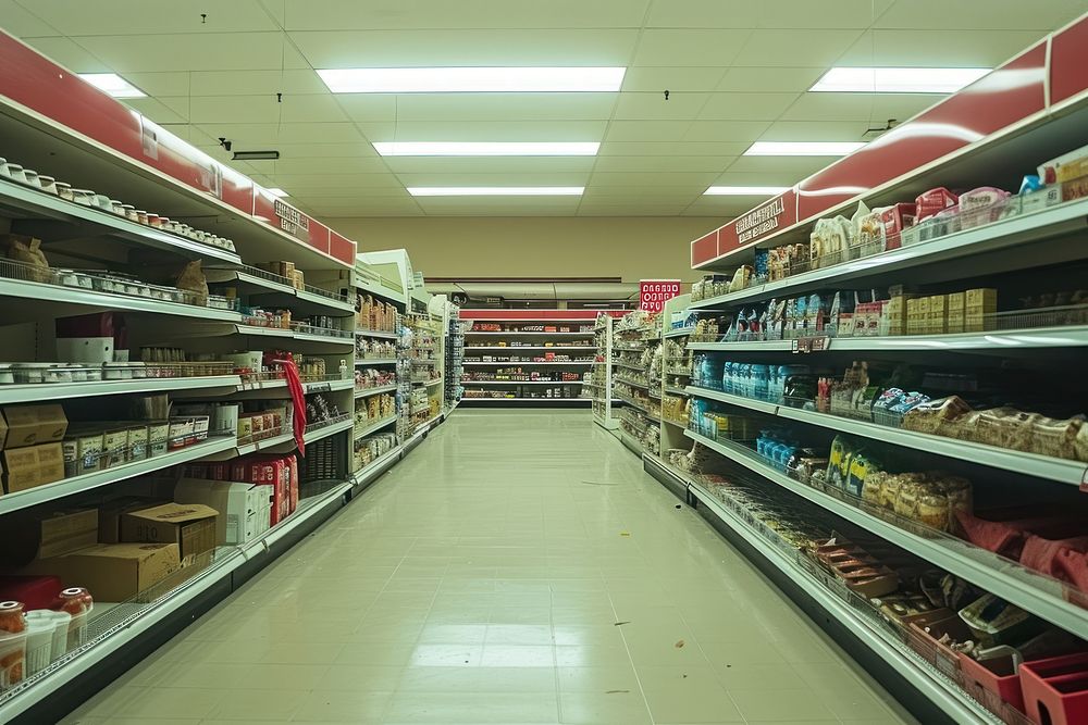 Empty scene of grocery store supermarket aisle architecture.
