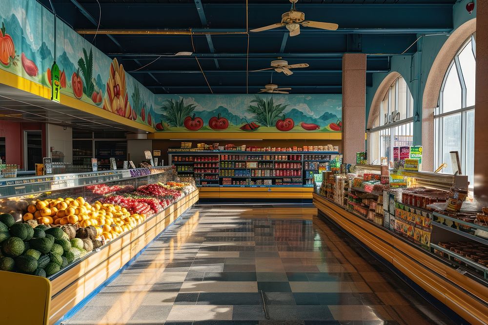 Empty scene of grocery store supermarket architecture greengrocer.