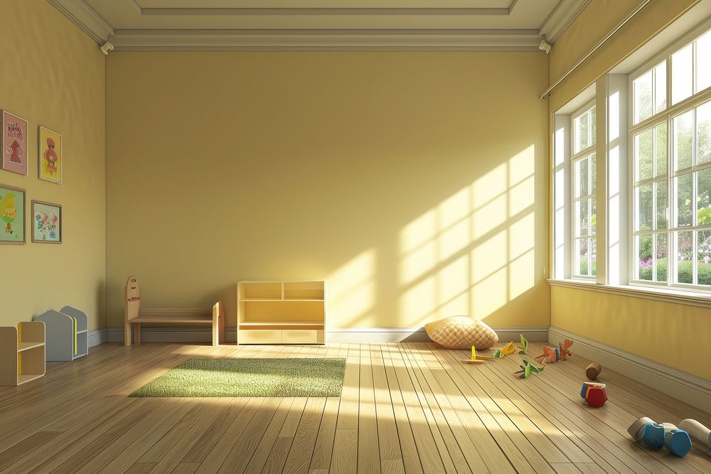 Empty scene of kids room architecture furniture flooring.