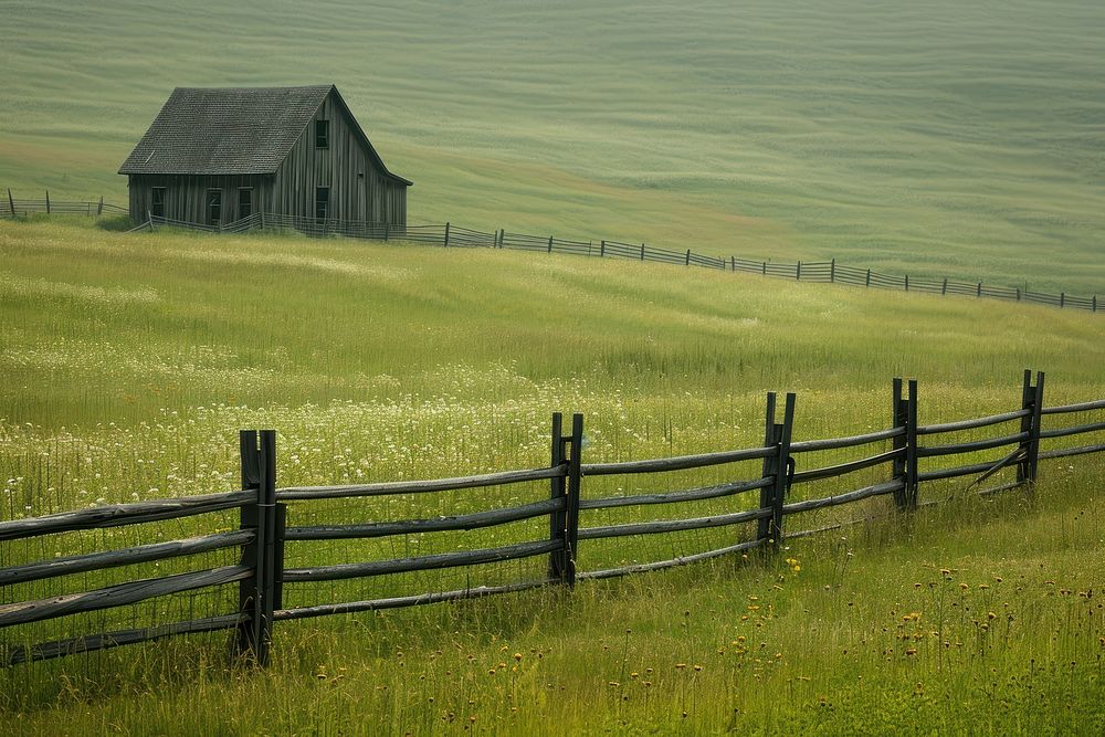 Empty scene of house fence on countryside architecture grassland outdoors.