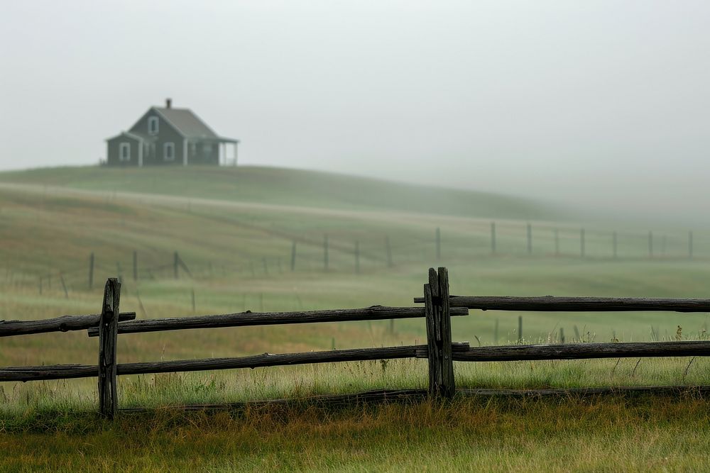 Empty scene of house fence on countryside architecture landscape grassland.