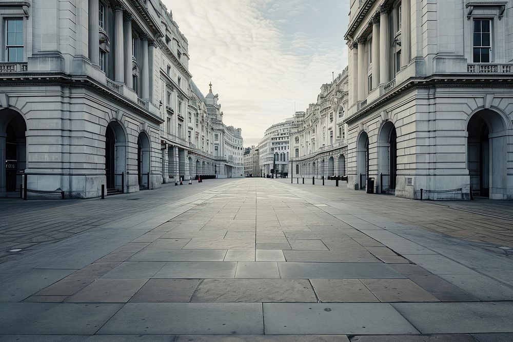 Empty scene of London architecture cityscape sidewalk.