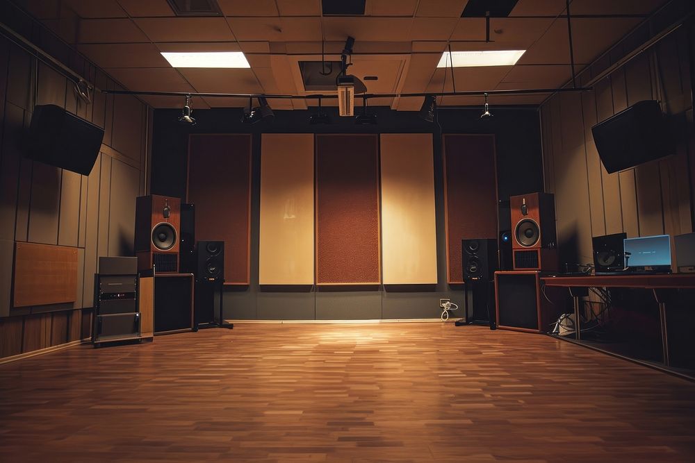 Empty scene of recording studio flooring architecture loudspeaker.
