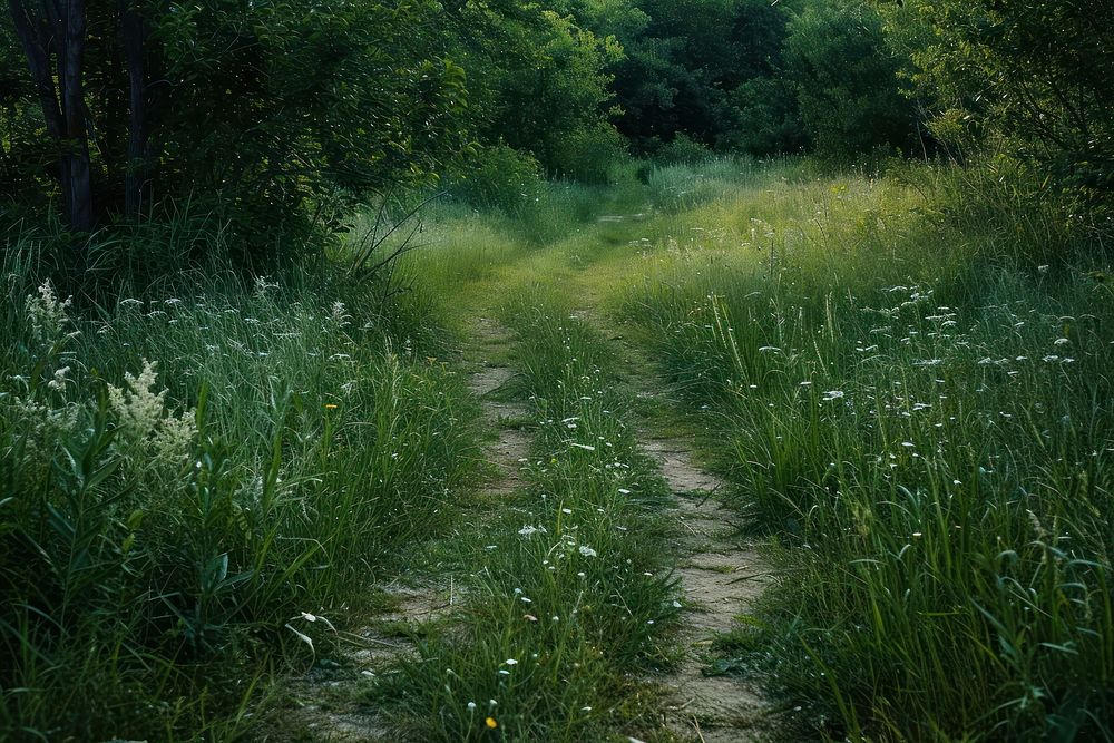 Empty scene of walking path through meadow vegetation grassland outdoors.