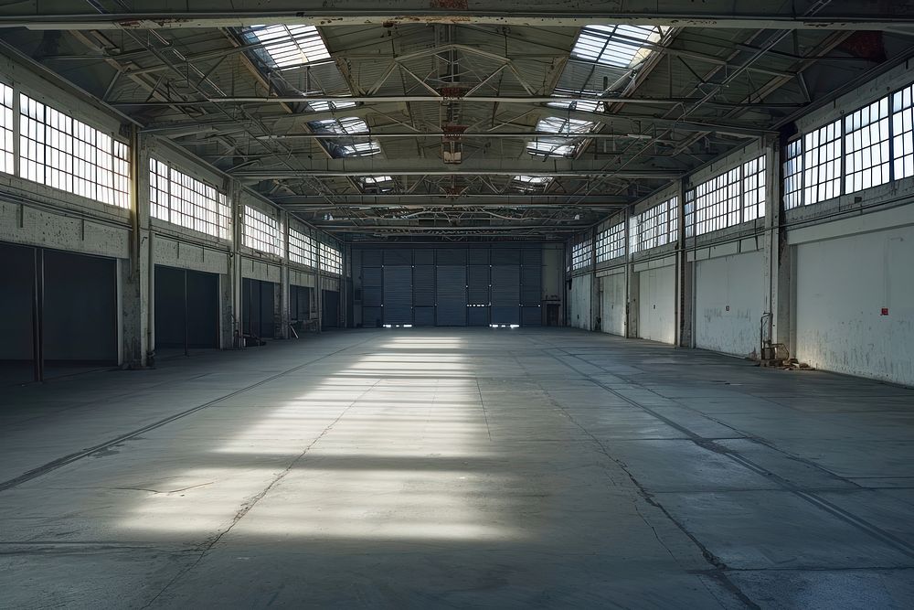 Empty scene of warehouse architecture building hangar.