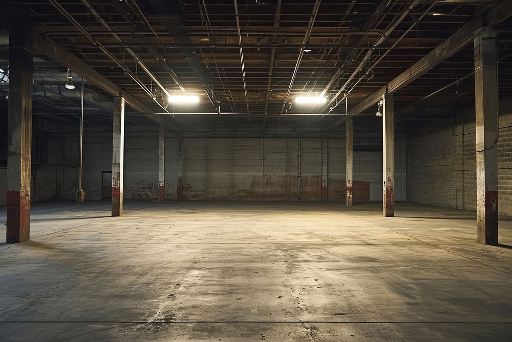 Empty scene of warehouse architecture illuminated abandoned.