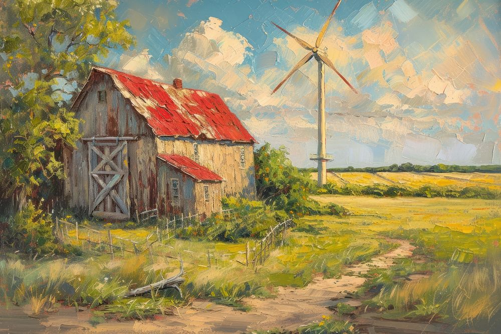 Farm with wind turbine architecture building outdoors.