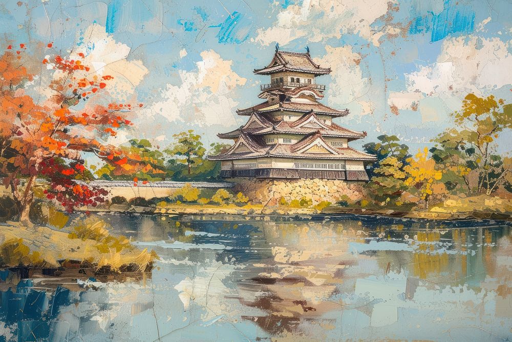 Japanese castle painting architecture building.