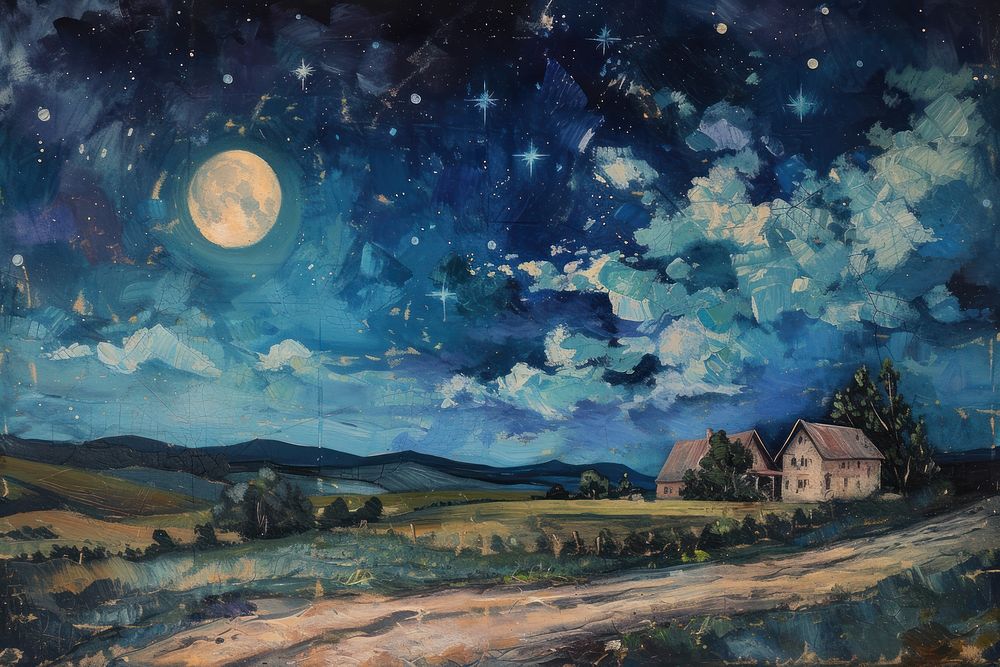 Night sky painting moon architecture.