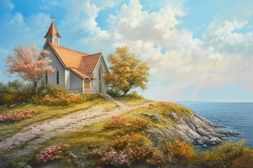 Small church on a hill shore landscape painting architecture.