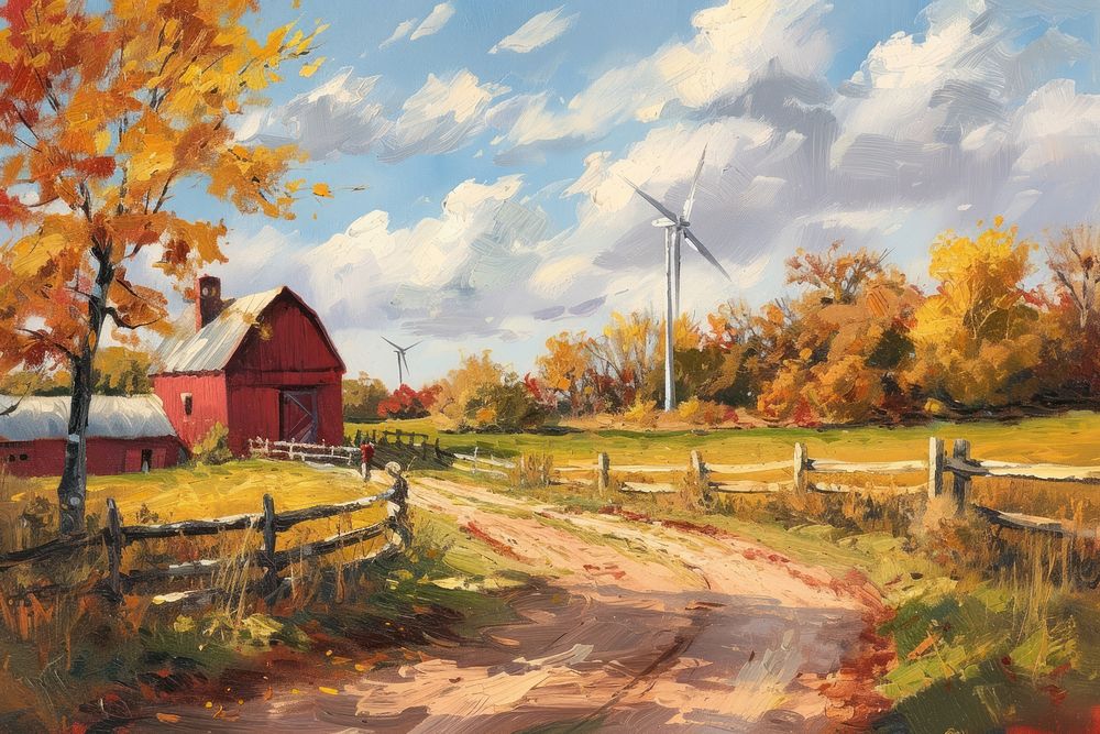 Farm with wind turbine painting architecture outdoors.