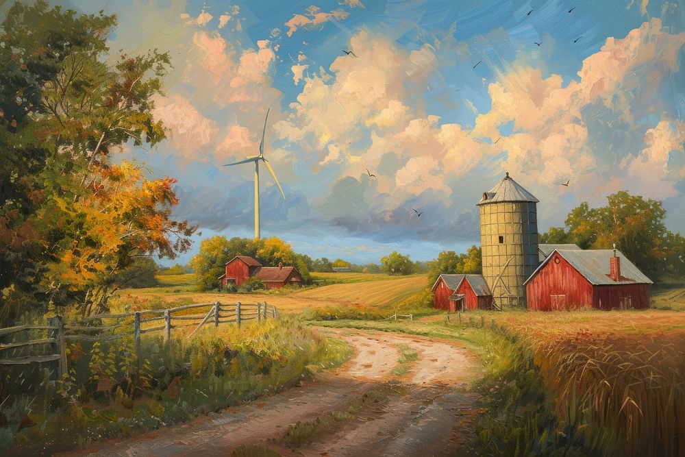 Farm with wind turbine painting architecture outdoors.